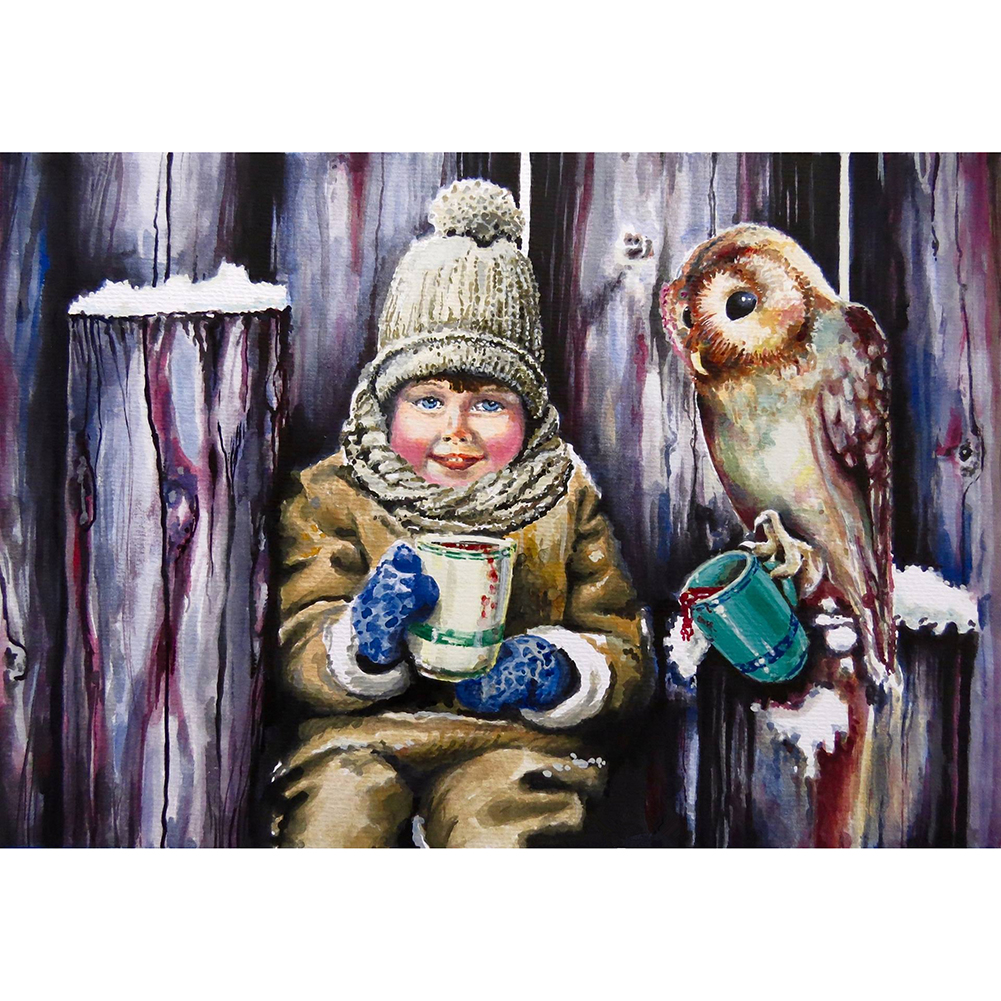 

40*30CM - Round Drill Diamond Painting - Boy and Owl, 501 Original