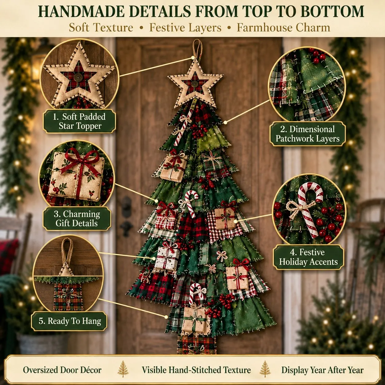 Layered patchwork fabric Christmas tree detail