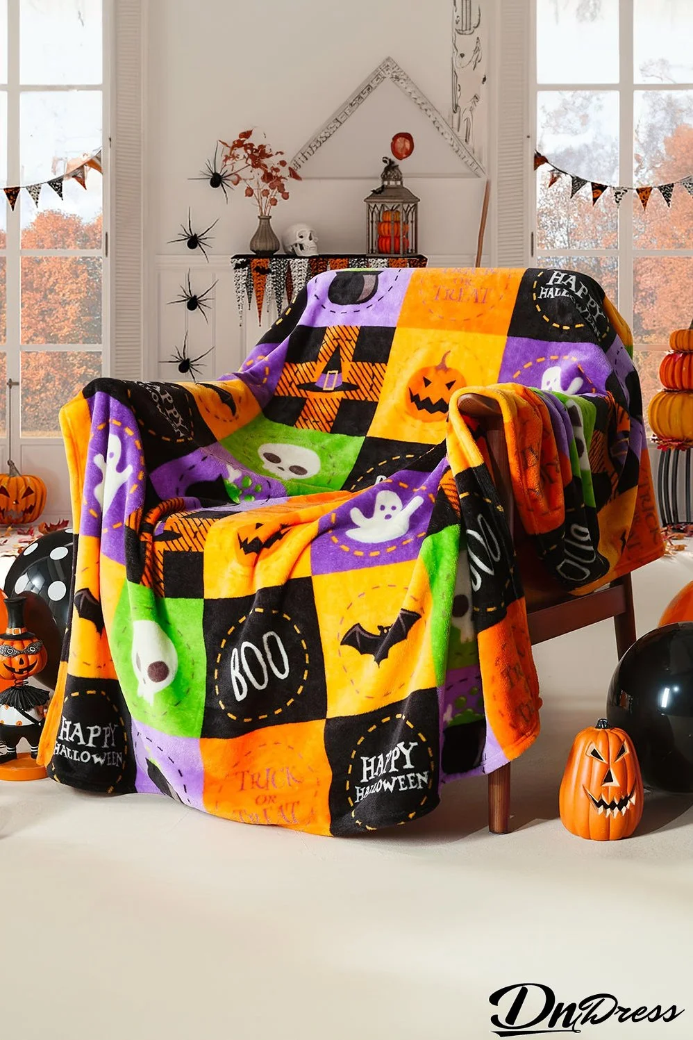 Purple Halloween Patten Checkerboard Flannel Large Blanket