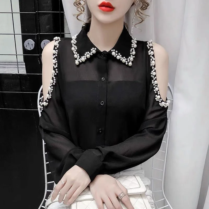 Beading Off Shoulder Top Elegant Blouse Ladies Long Sleeve Vintage Clothes White Button Up Shirt Korean Fashion 2021 Autumn New