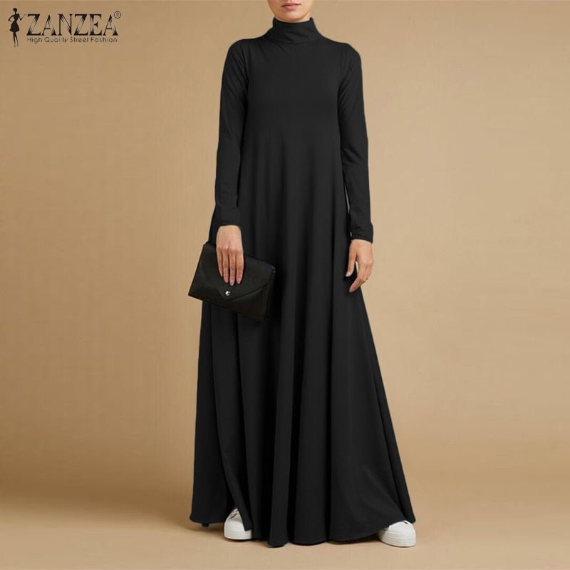 Autumn Turtleneck Long Sleeve Sundress Fashion Women Maxi Long Dress Baggy ZANZEA Elegant Solid Casual Vestido Kaftan Robe Femme