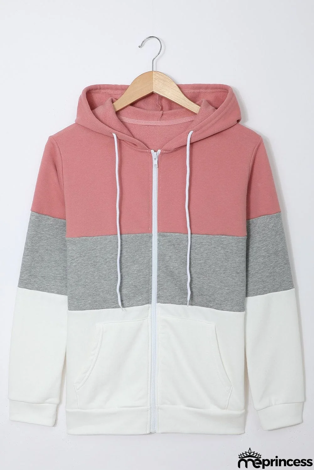 Zip Front Color Block Splicing Drawstring Hoodie