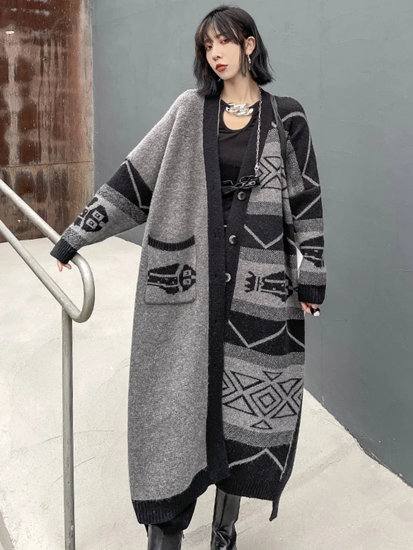 Urban Roomy Knitting Asymmetric Jacquard Cardigan Coat