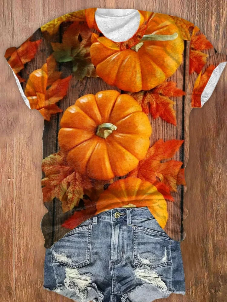 Women's Autumn Pumpkin Maple Leaves Print Crewneck T-Shirt