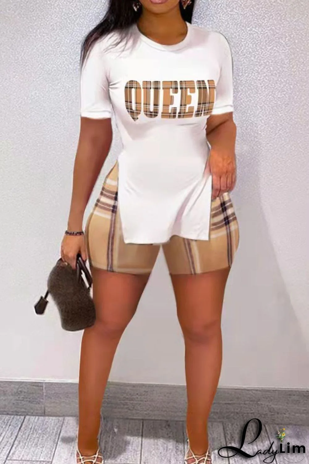 White Casual Print Patchwork Slit O Neck Short Sleeve Two Pieces