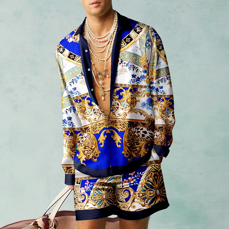 BrosWear Gold Chain Aristocratic Pattern Print Shirt And Shorts Co-Ord