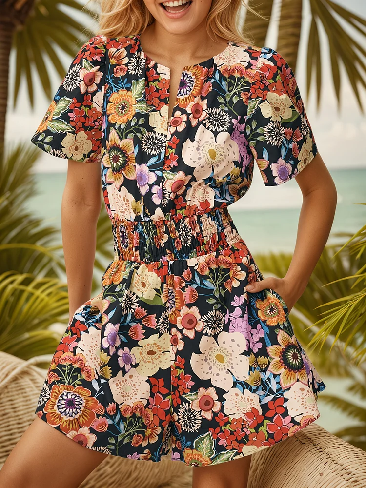 Vibrant Floral Print Women's V-Neck Jumpsuit | Flowy Sleeves, Side Pockets, Ruched Waist, Casual Wide-Leg Romper For Spring/Summer - Beige Shorts With Button Detail