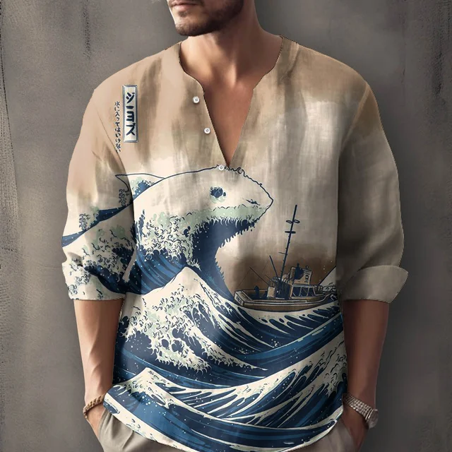 Men's Shark And Sea Art Printed Button Casual Shirt