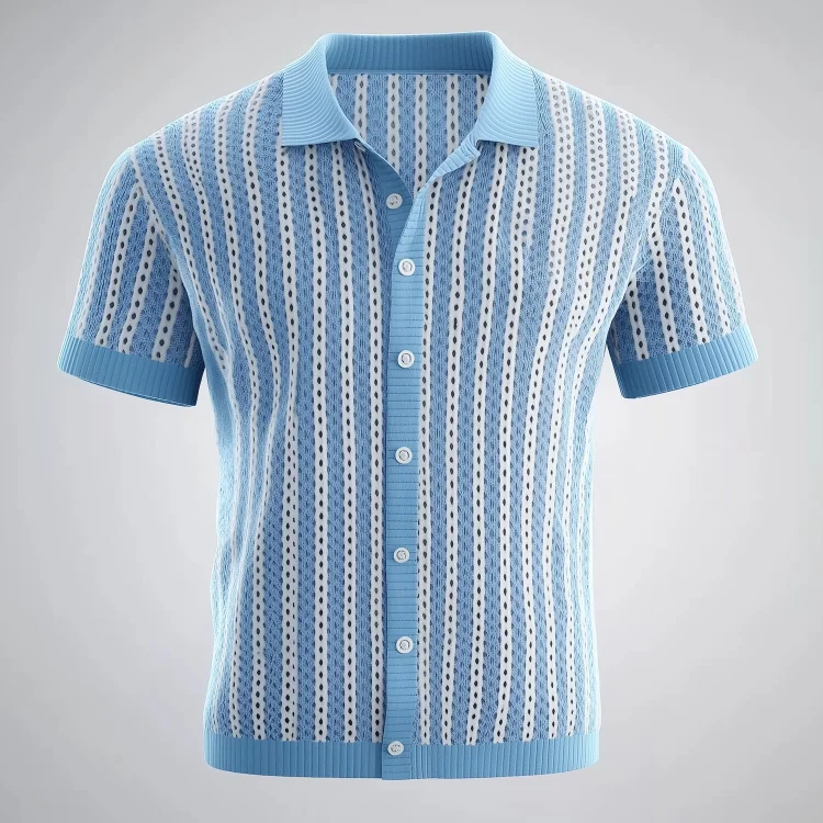 Men's Knit Colorblock Striped Hollow Out Button Short Sleeve Shirt