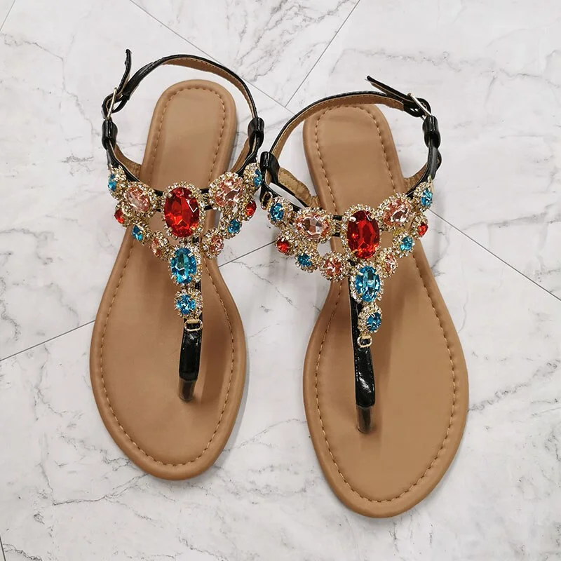 Qengg Quality Shiny Diamond Buckle Flat Bottom Large Size 36-42 Women Sandals Gladiator Female Summer Shoes Black Gold Footwear
