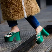 Green Satin Platform Mule Heels Rhinestone Open Toe Chunky