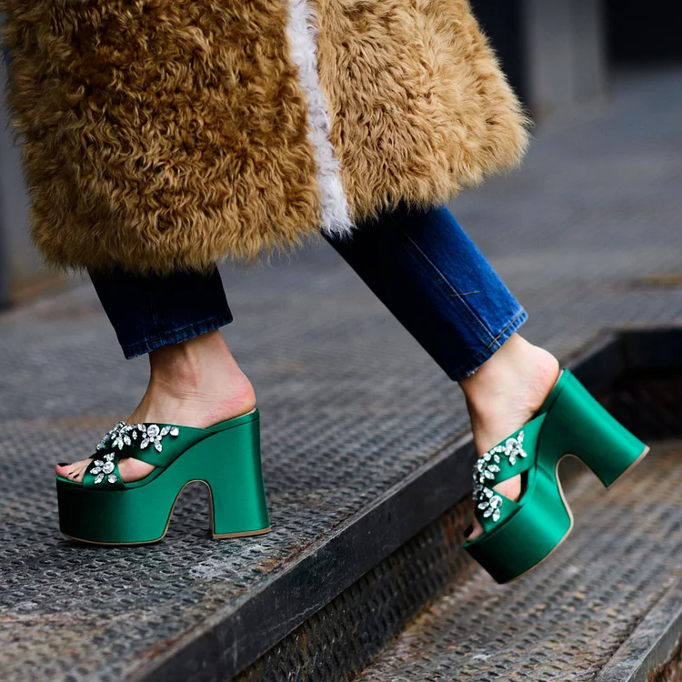 Green Satin Platform Mules Rhinestone Open Toe Chunky Heels |FSJ Shoes