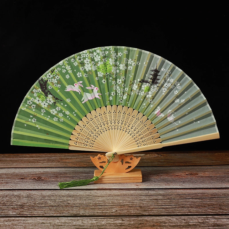 Bamboo Two Green Folding Fan Smile Fan Female Antique Fan Dance Fan Folding Fan Student Gift Elegant Fan