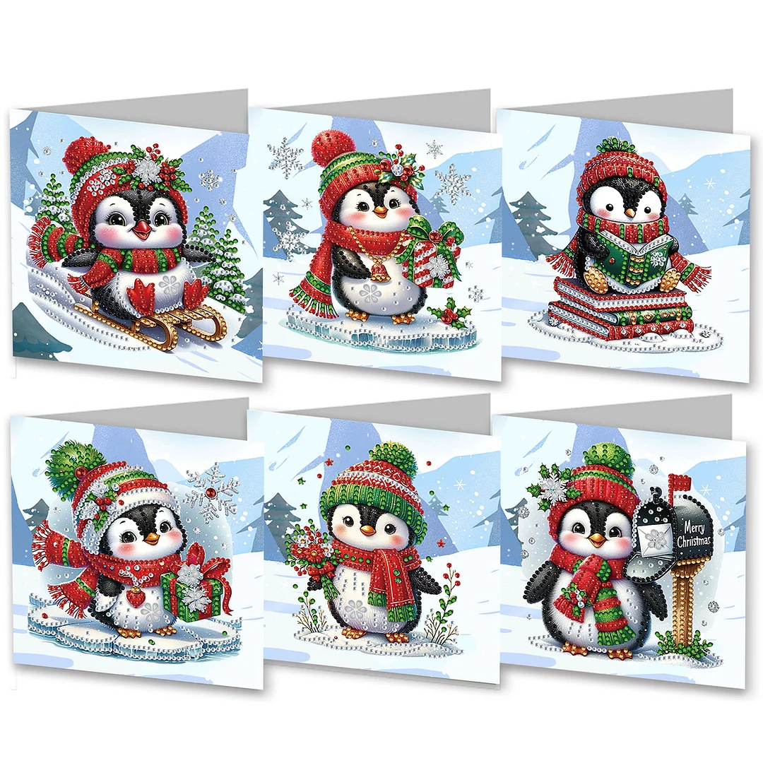 6pcs DIY Christmas Penguin DIY Diamond Painting Greeting Card for Friends Family Gift【With White Envelope】