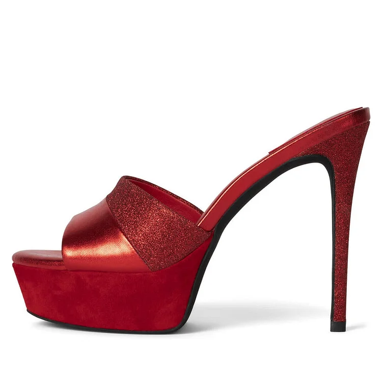 Red Open Toe Platform Shoes Stiletto Heel Glitter Mules Sandals |FSJ Shoes