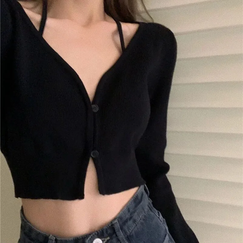 Nncharge Crop Tops V Neck Cardigan Sexy Hot Women Solid Button Y2k Sweaters Knitted Slim Fit Hotsweet American Fashion Pull Femme