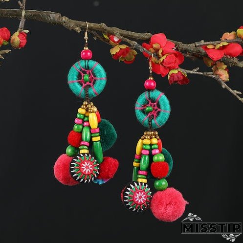 Retro national style contrast color pommel Earrings exaggerated personality Bohemian holiday long tassel temperament Earrings women