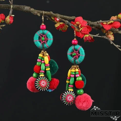 Retro national style contrast color pommel Earrings exaggerated personality Bohemian holiday long tassel temperament Earrings women