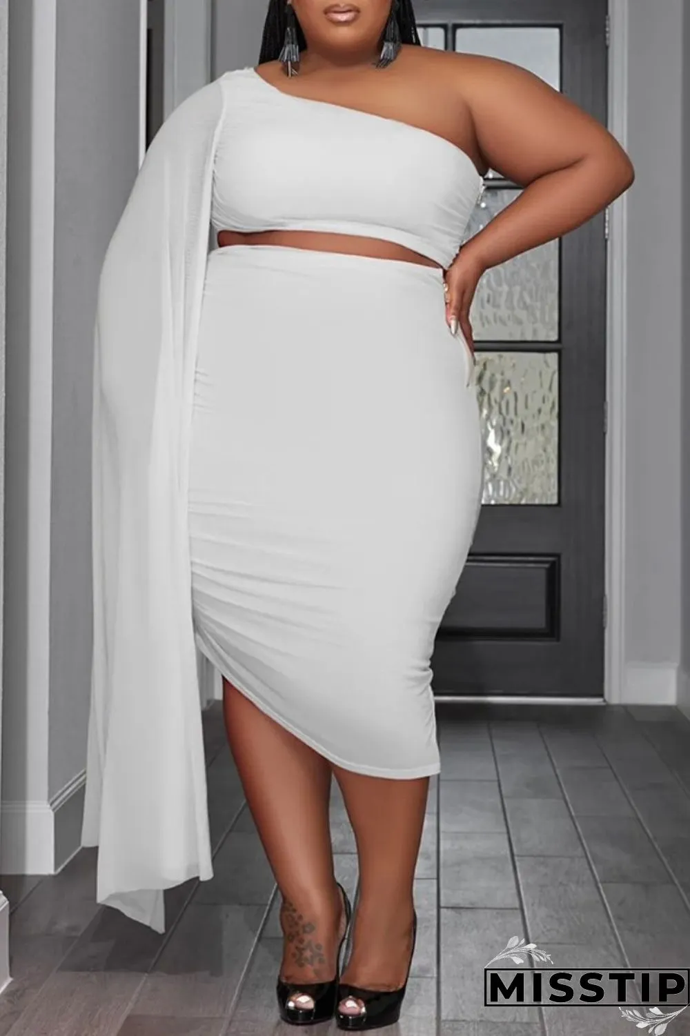 Blue Sexy Solid Patchwork Backless Oblique Collar Plus Size Two Pieces