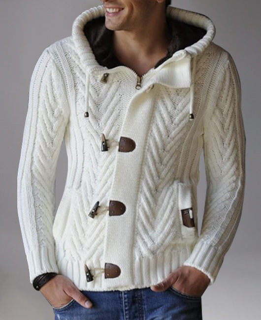 Knit Short Plush-Lined Zipper Button Hooded Sweater Jacket