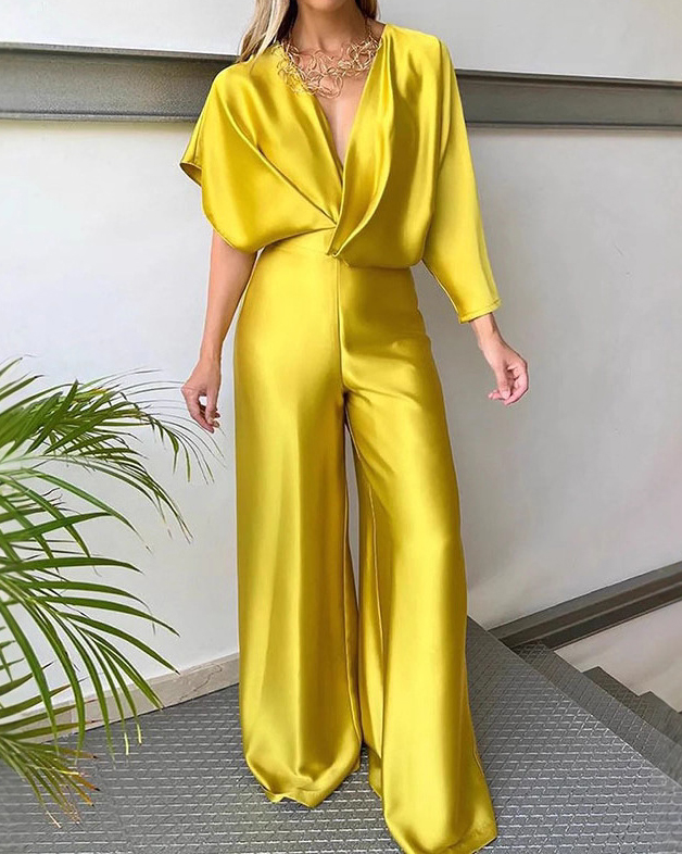 Deep-V Neck Short Sleeve Wide Leg Jumpsuit
