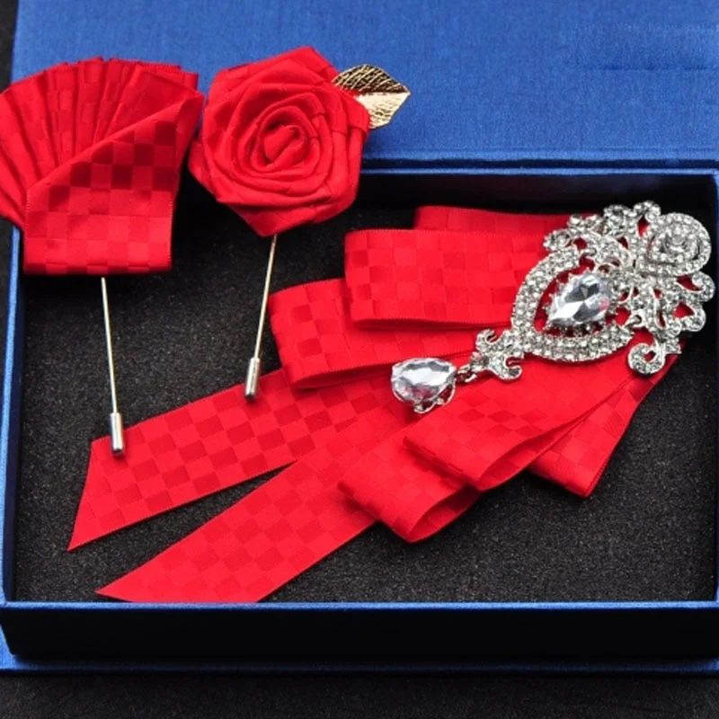 High-quality Fashion Handmade Red Diamond Bow Tie Wedding Collar Bowtie Brooch Pocket Towel Square Set Gifts for Men Accessories