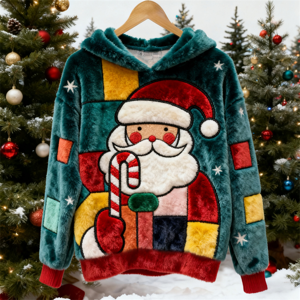 Christmas Santa Claus Geometric Design Women's Hooded Flannel Sweater elevenforest