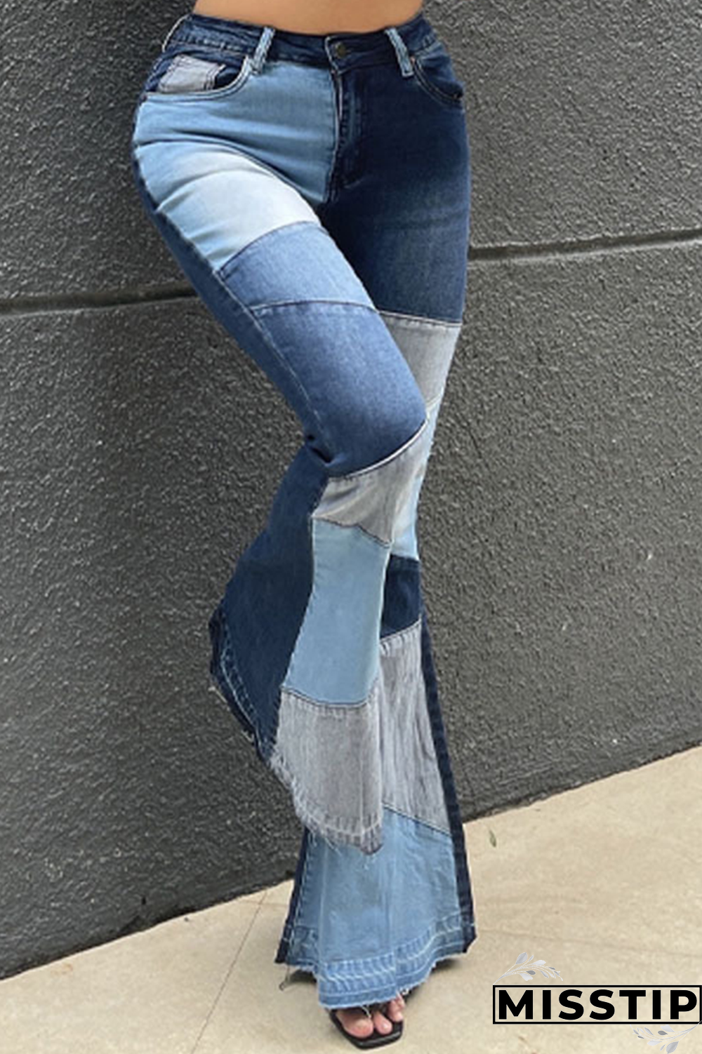 Blue Casual Patchwork Tear High Waist Boot Cut Denim Jeans