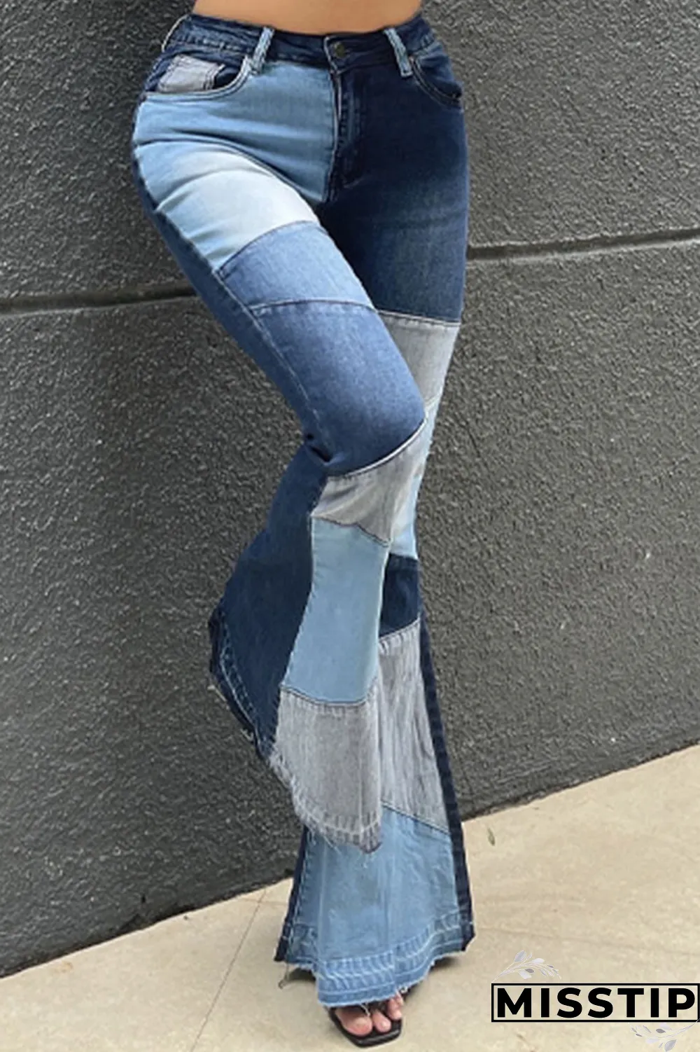 Blue Casual Patchwork Tear High Waist Boot Cut Denim Jeans
