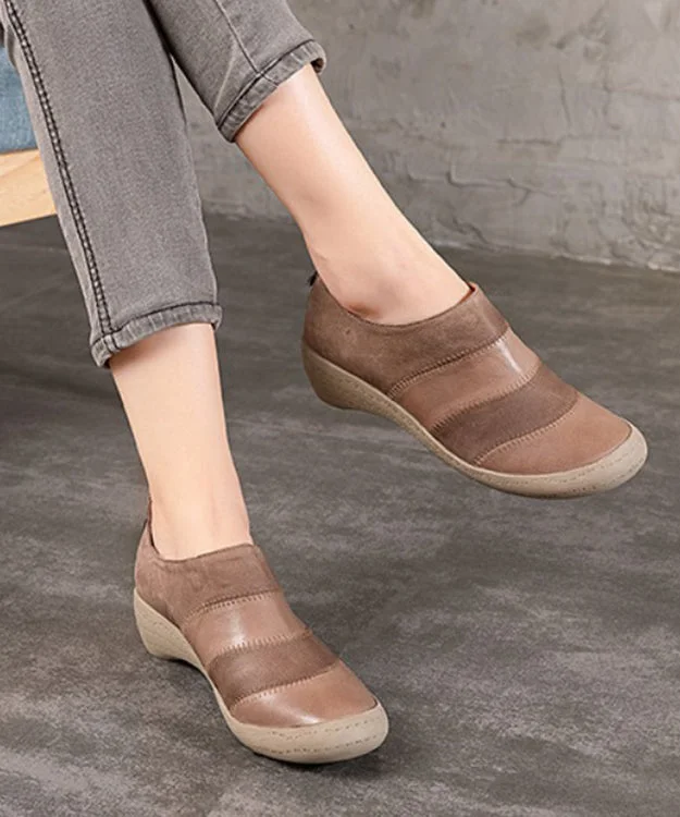 Casual Khaki Cowhide Splicing Leather High Wedge Heels Shoes