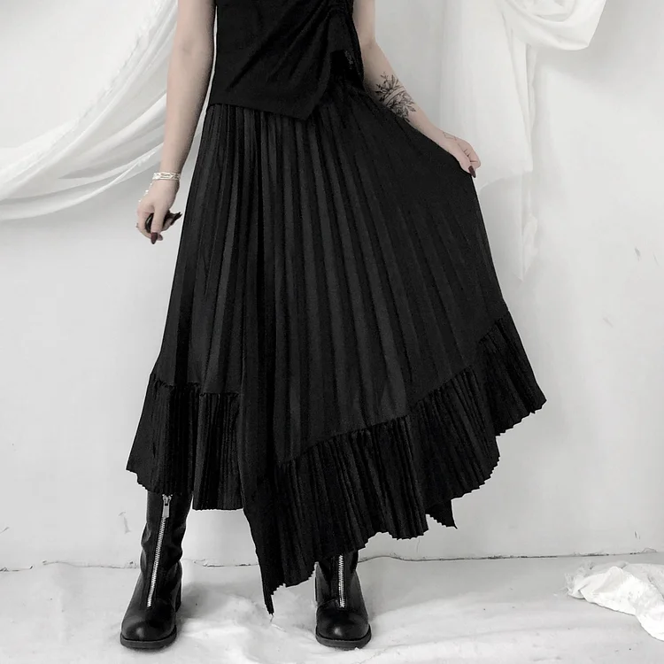 Design Black Asymmetric Double Pleated Layer Skirt