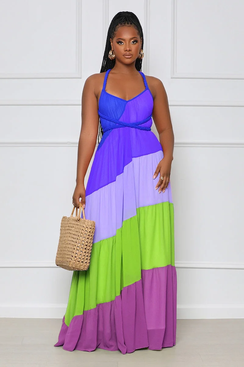 CMYAYA Elegant Patchwork Chiffon Halter Neck Backless Big Swing Loose Maxi Long Dress 2022 Summer Beach Sleeveless Dresses