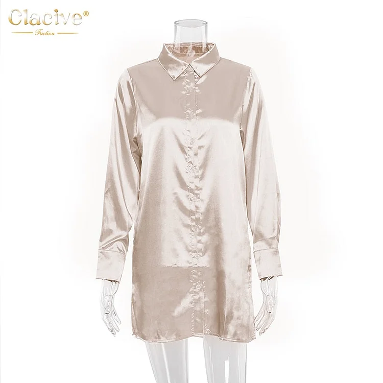 Clacive Casual White Silm Turn-Down Collar Women Blouses Loose Sexy Long Sleeve Ladies Blouses Office Female Shirts Fashion 2021