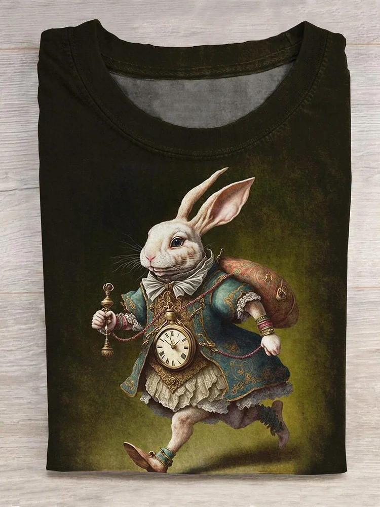 Retro Funny Cute Rabbit Art Print Casual T-shirt