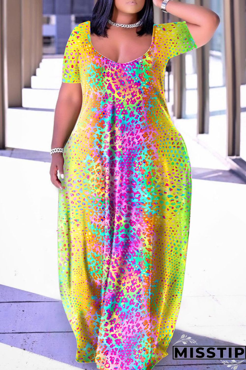 Blue Yellow Casual Print Basic V Neck Short Sleeve Dress Dresses