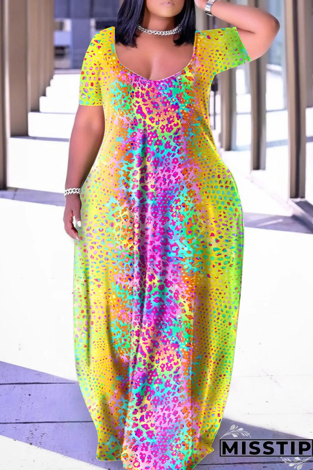 Blue Yellow Casual Print Basic V Neck Short Sleeve Dress Dresses