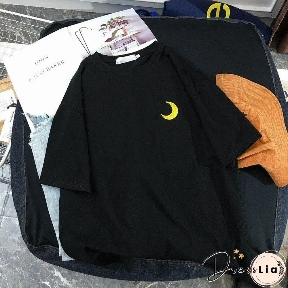 Fashion Women Embroidered T Shirts Crew Neck Short Sleeve Couple Tops Summer Casual Loose Sweatshirt Basic Tee Top Clothing