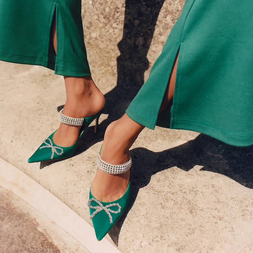 Green Vegan Suede Pointed Toe Pearl Bow Rhinestone Strap Heeled Mules Nicepairs