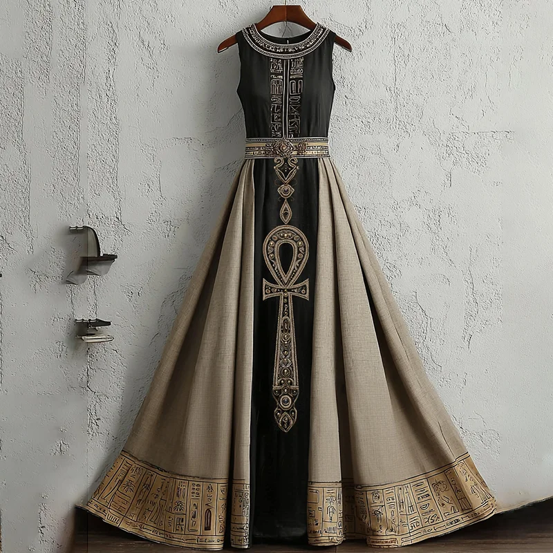 Women's Vintage Egyptian Ankh Symbol Pattern Casual Maxi Dress