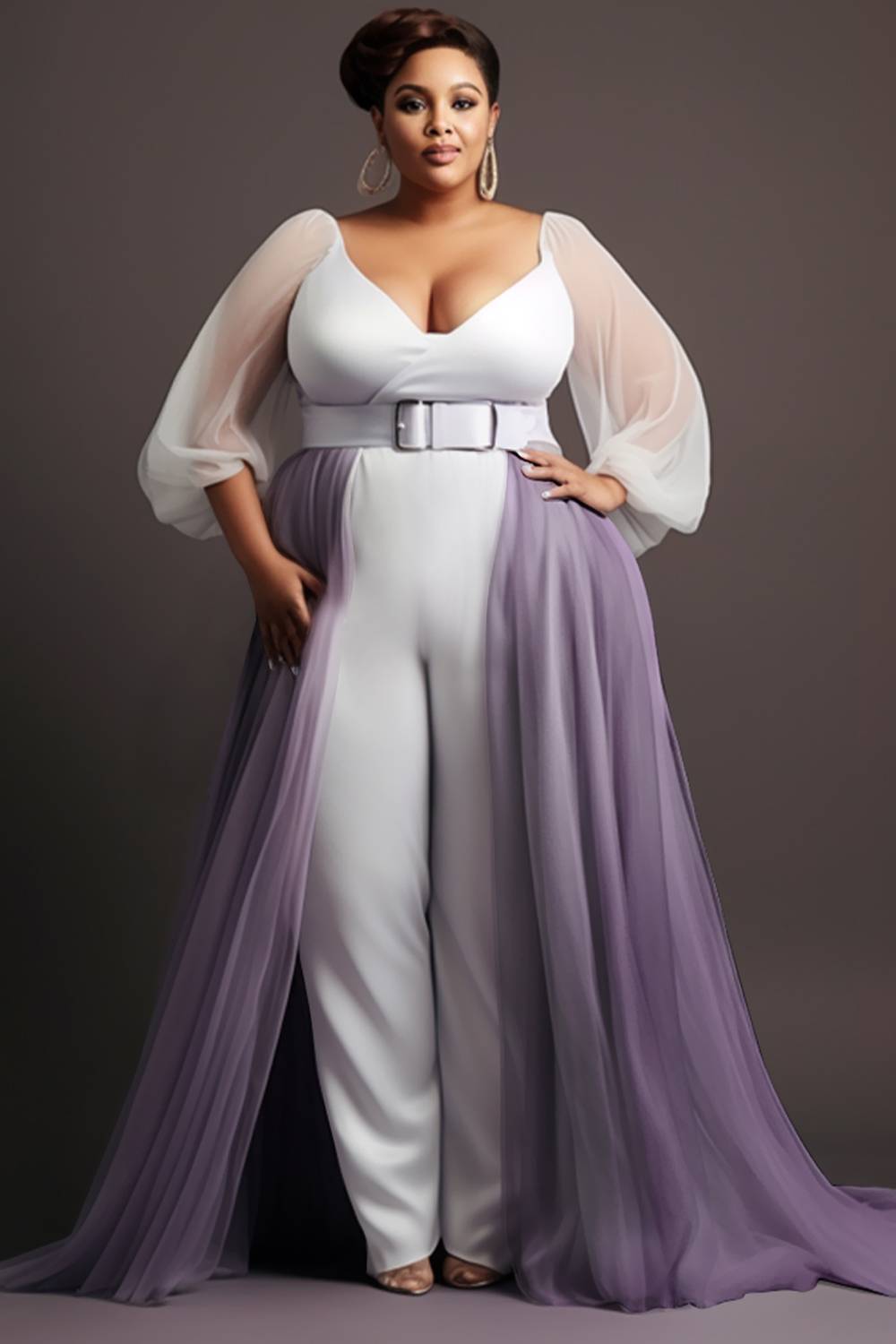 Design Plus Size Semi Formal Elegant White V Neck Lantern Sleeve 3/4 Sleeve Peplum Tulle Jumpsuits [Pre-Order]