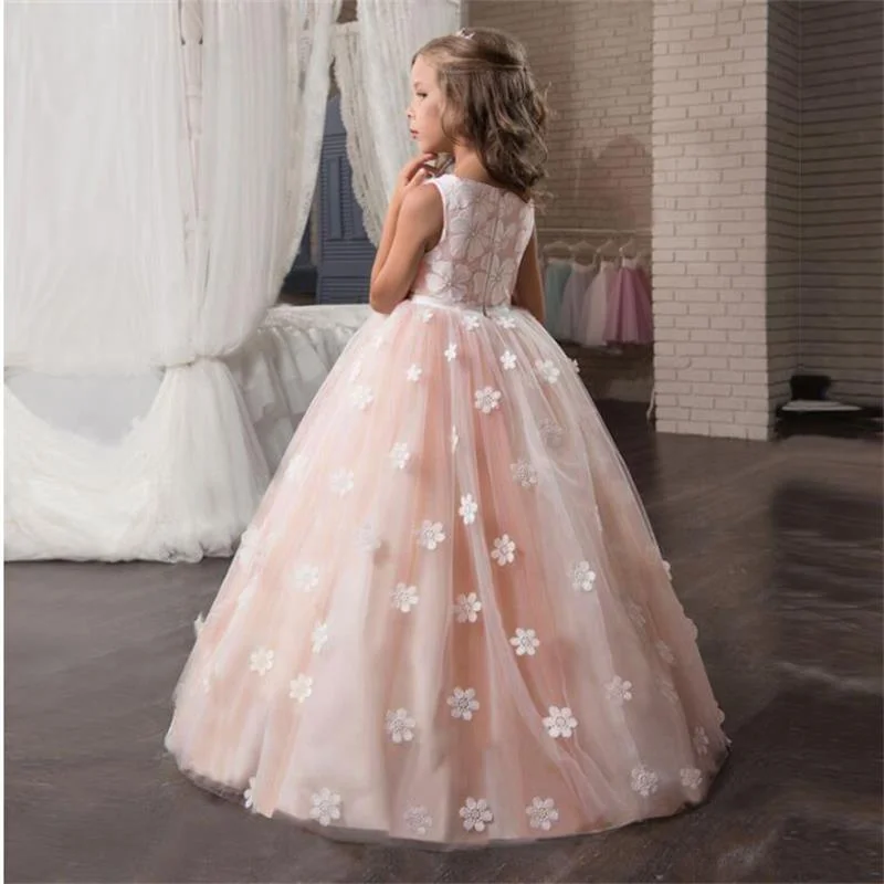Fancy Flower Long Prom Gowns Teenagers Dresses for Girl Children Party Clothing Kids Evening Formal Dress for Bridesmaid Wedding