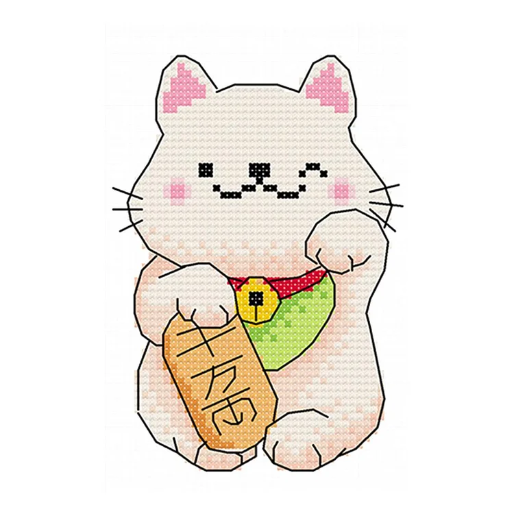 Spring-Lucky Cat - 11CT 3 Strands Threads Printed Cross Stitch Kit - 25x20cm(Canvas)