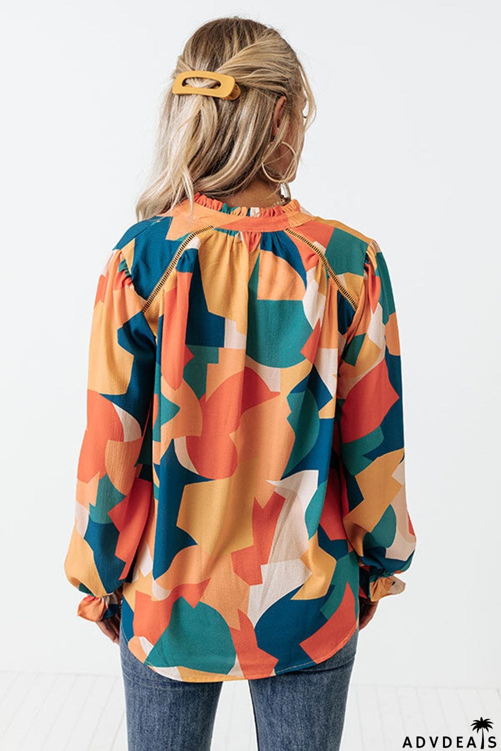 Geometric Patchwork Print Half Buttoned Blouse