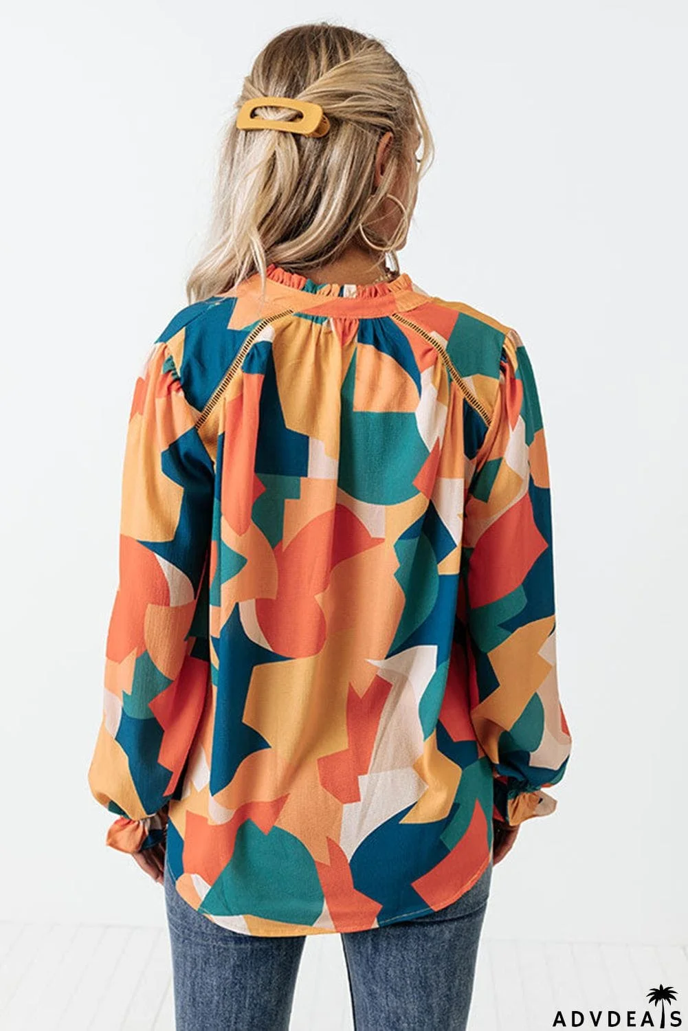 Geometric Patchwork Print Half Buttoned Blouse