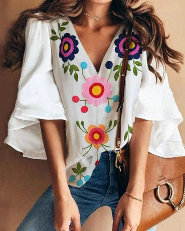 Bell Sleeve Floral Printed V Neck Sweet Blouses Tops