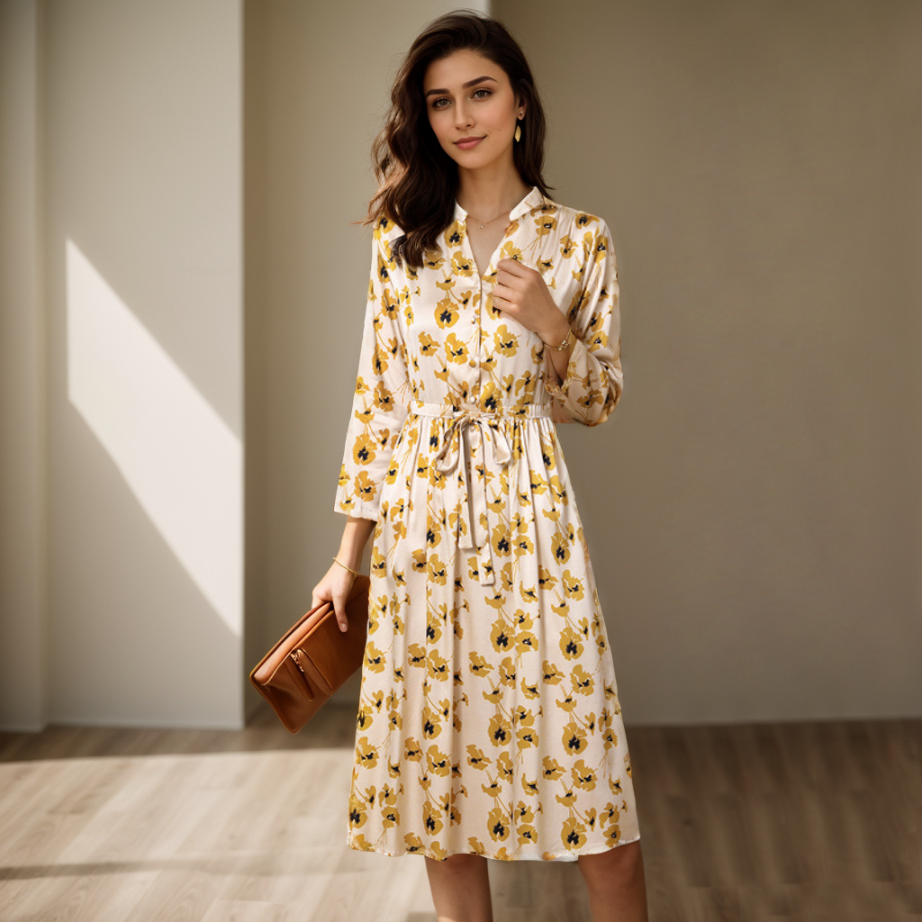 Long Sleeves Silk Dress V-neck Lace-up Belt Yellow REAL SILK LIFE