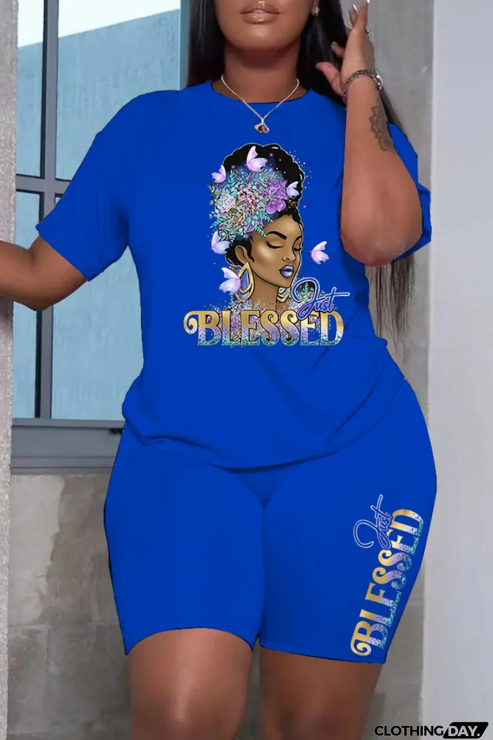 Burgundy Fashion Casual Print Patchwork O Neck Short Sleeve Plus Size Two Pieces