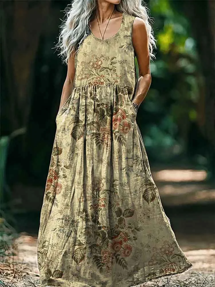Women's Floral Art Print Round Neck Sleeveless Cotton Pocket Dresses
