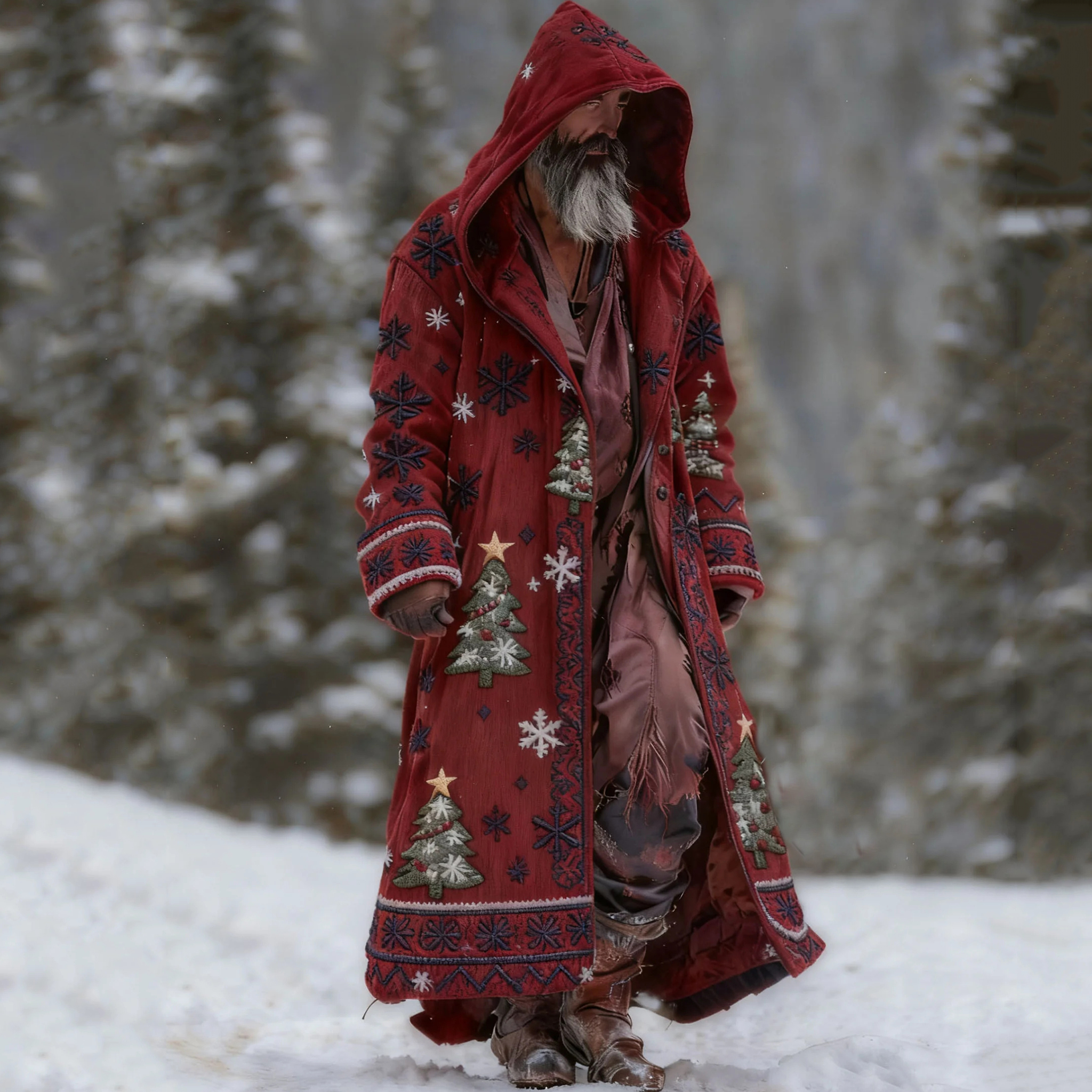 Men's Autumn Winter Christmas Tree Pattern Hooded Kaftan Cloak Jacket elevenforest