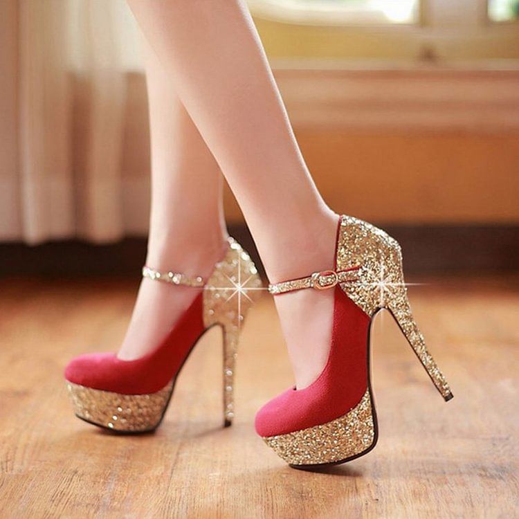 Red and Gold Glitter Bridal Heels Platform Elegant Mary Jane Pumps |FSJ Shoes